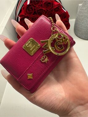 MCM Pink Textured Leather Card & Key Holder with Gold Plaque